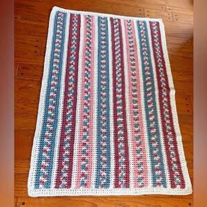 Vintage, 80’s handmade, crocheted afghan blanket or throw in a striped pattern